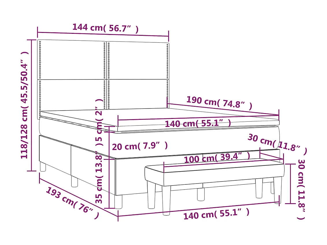 Cama box spring con colchón tela negro 140x190 cm