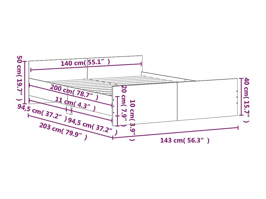 Estrutura cama c/ painéis de cabeceira e pés 140x200 cm branco