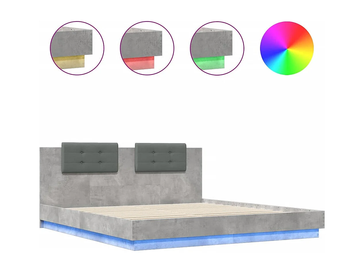 Cadre de lit tête de lit et lumières LED gris béton 160x200 cm