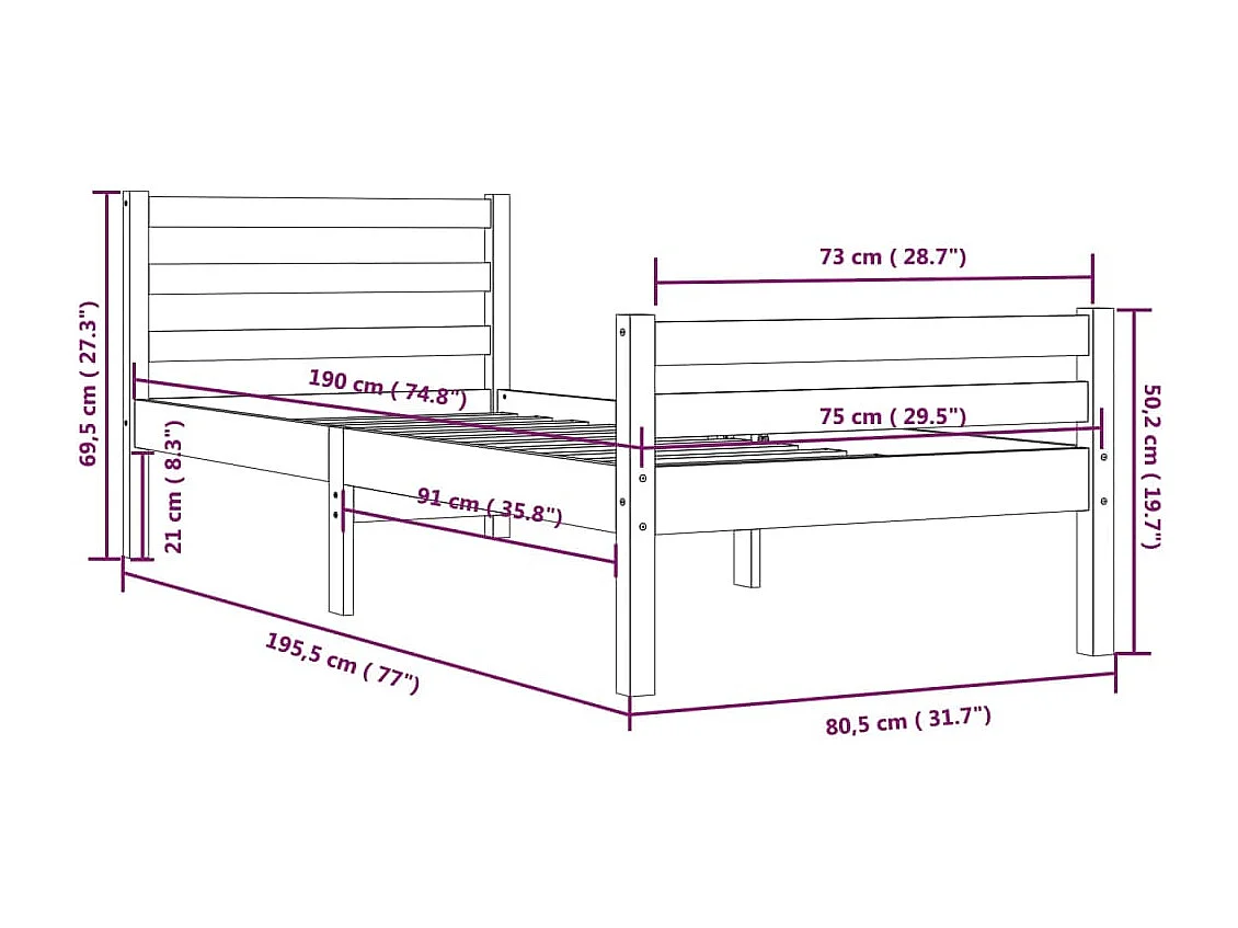 Estructura de cama individual madera maciza negra 75x190 cm