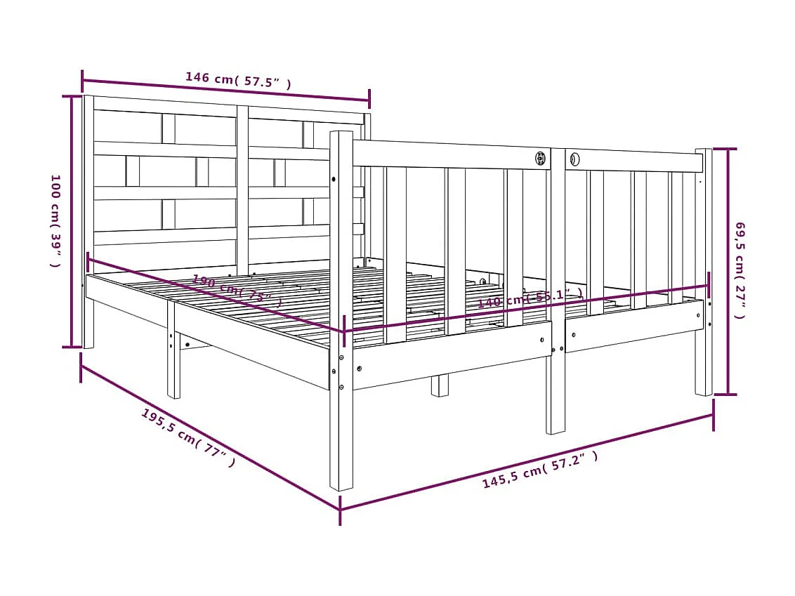 Cadre de lit Blanc Bois de pin massif 140x190 cm