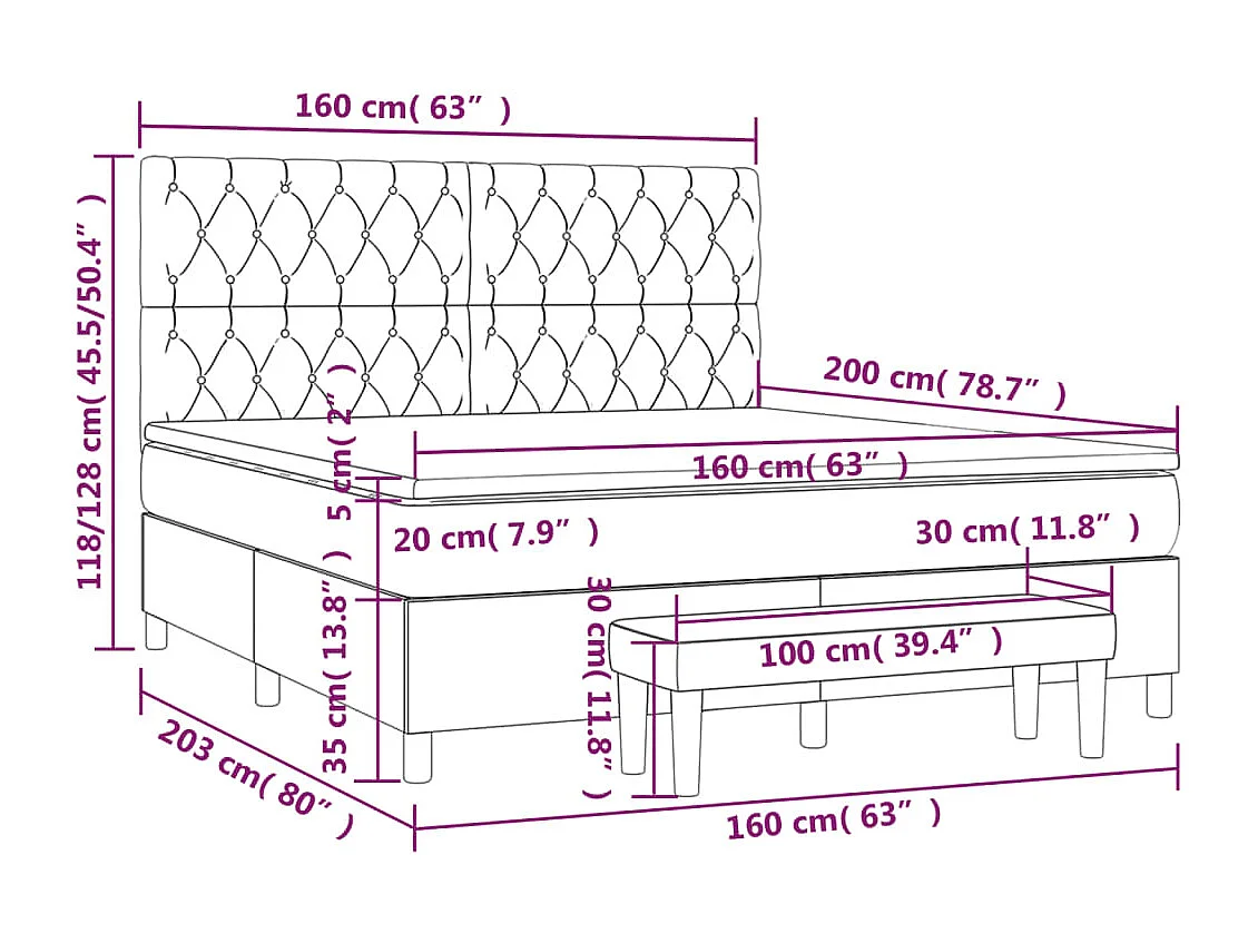 Cama box spring con colchón tela negro 160x200 cm