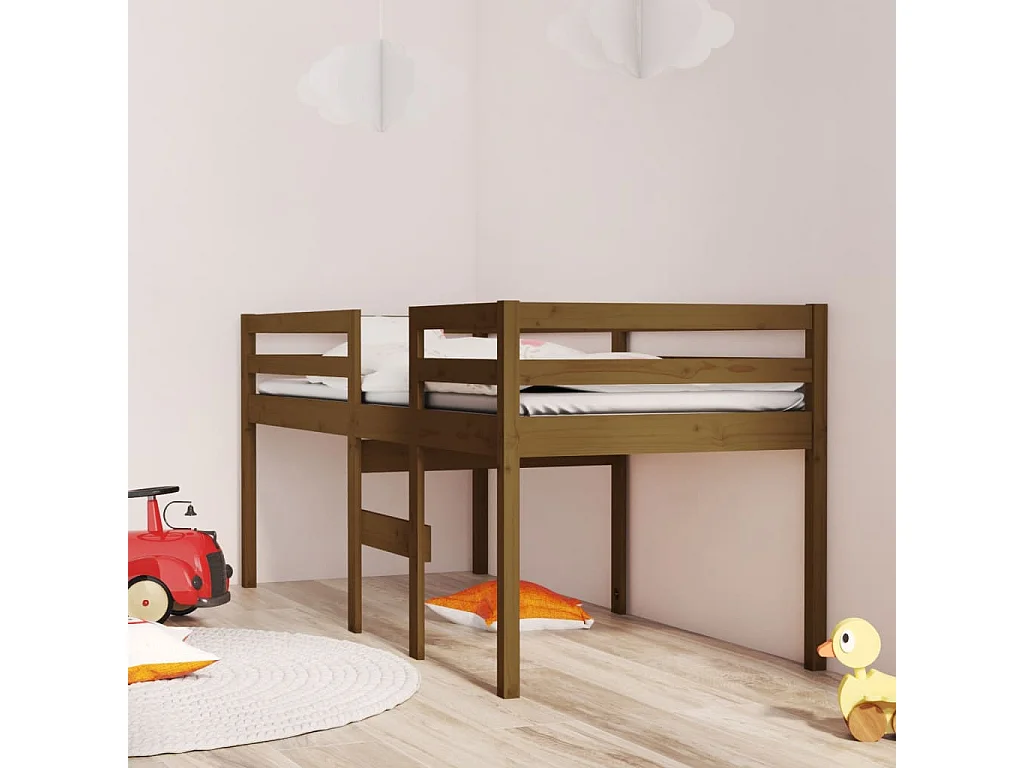 Cama alta 90x200 cm madeira de pinho maciça castanho mel