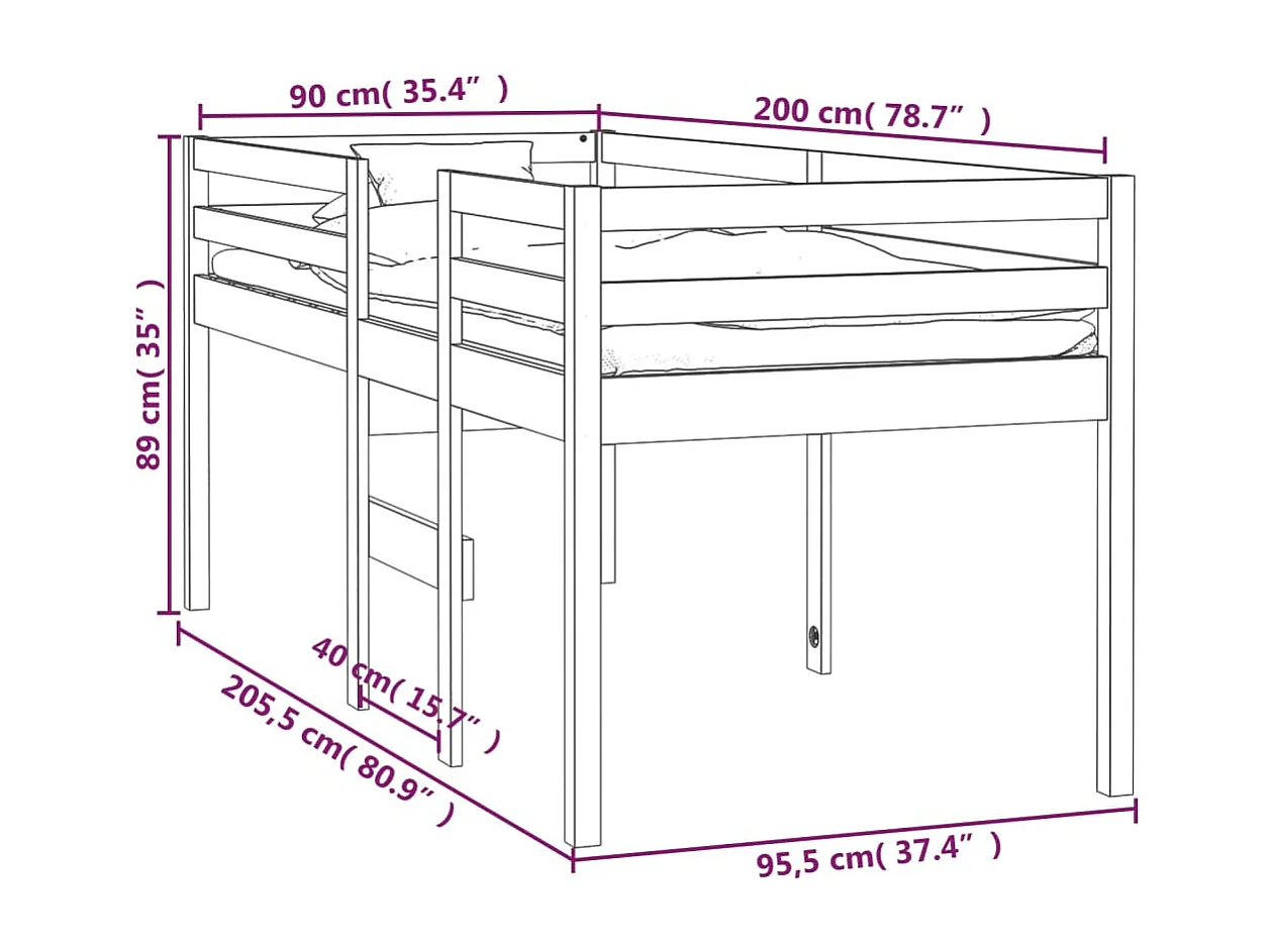 Cama alta 90x200 cm madeira de pinho maciça castanho mel