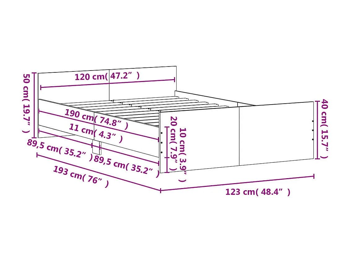 Cadre de lit tête de lit et pied de lit chêne brun 120x190 cm