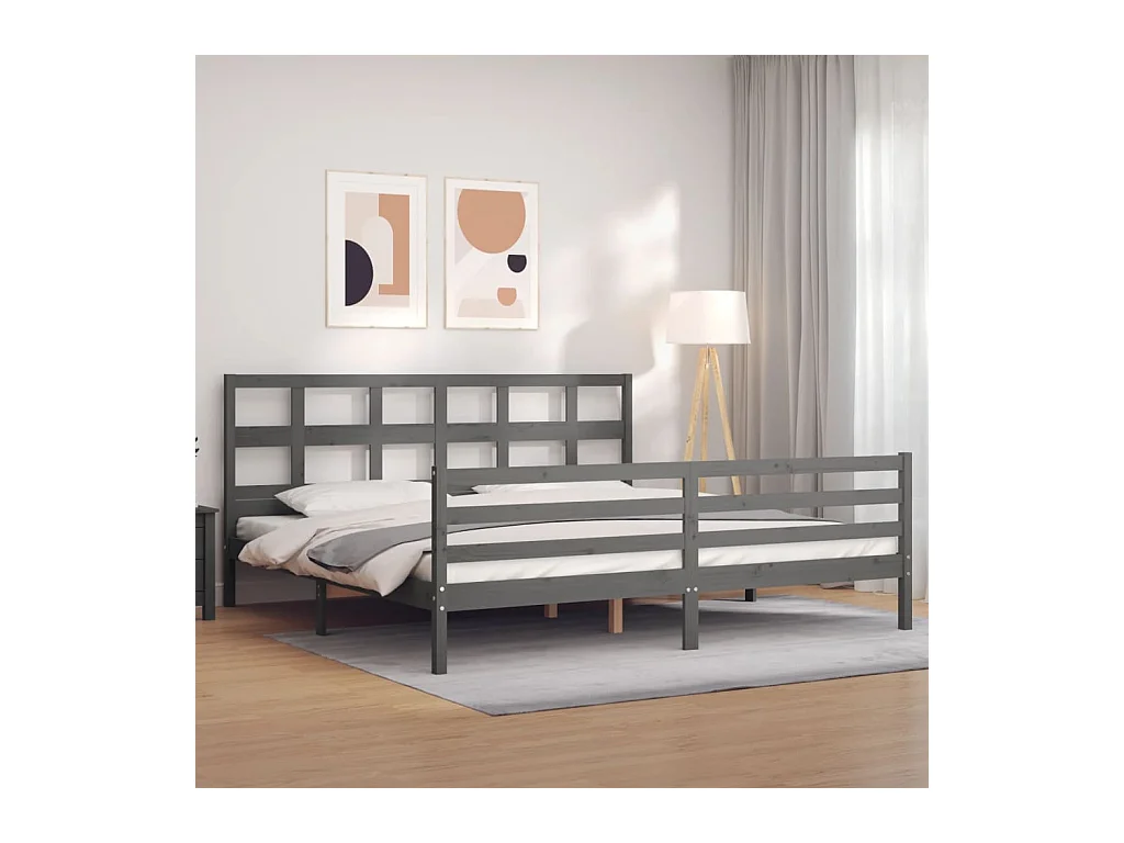 Bedframe met hoofdbord massief hout grijs 200x200 cm