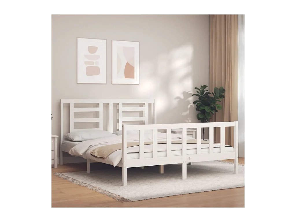 Cadre de lit avec tête de lit blanc 160x200 cm bois massif