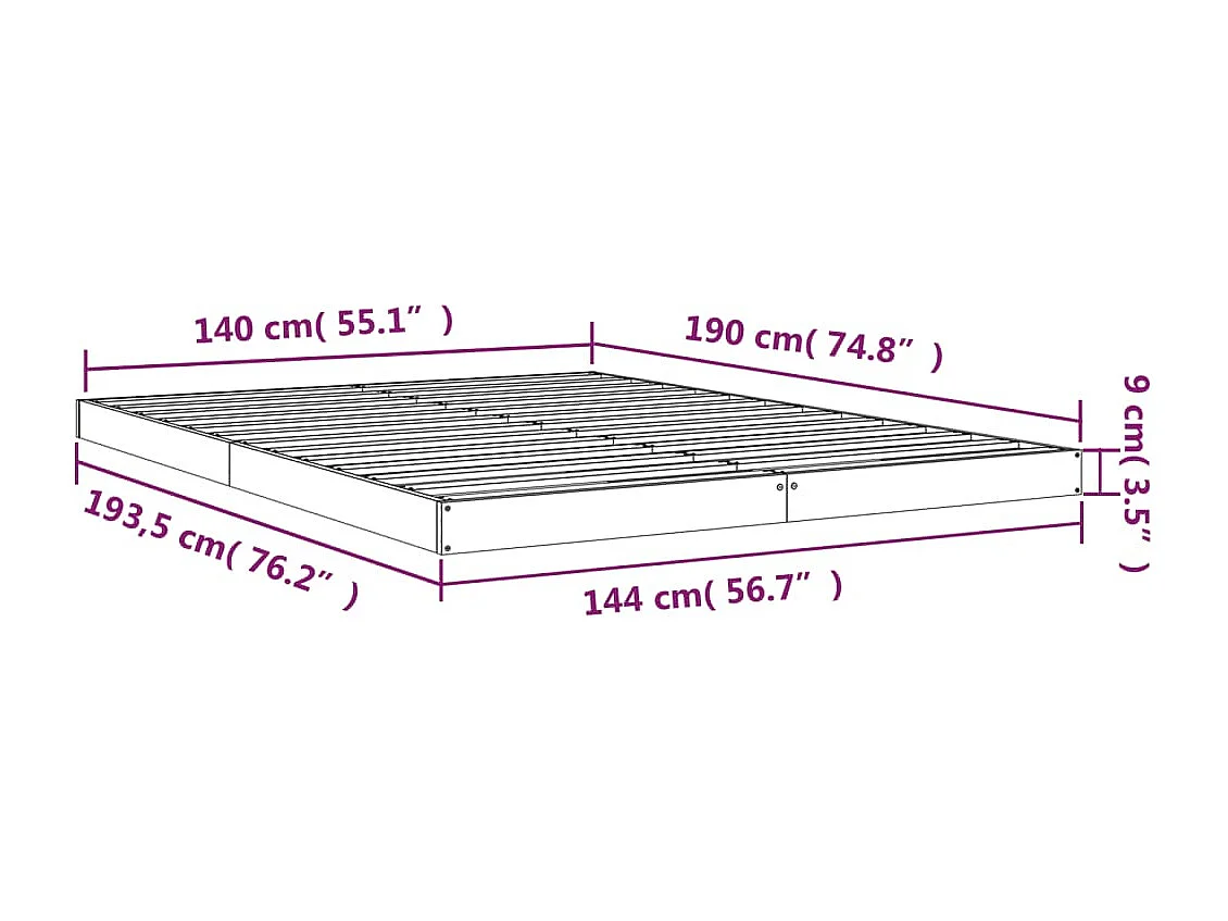 Estructura de cama de madera maciza de pino 140x190 cm