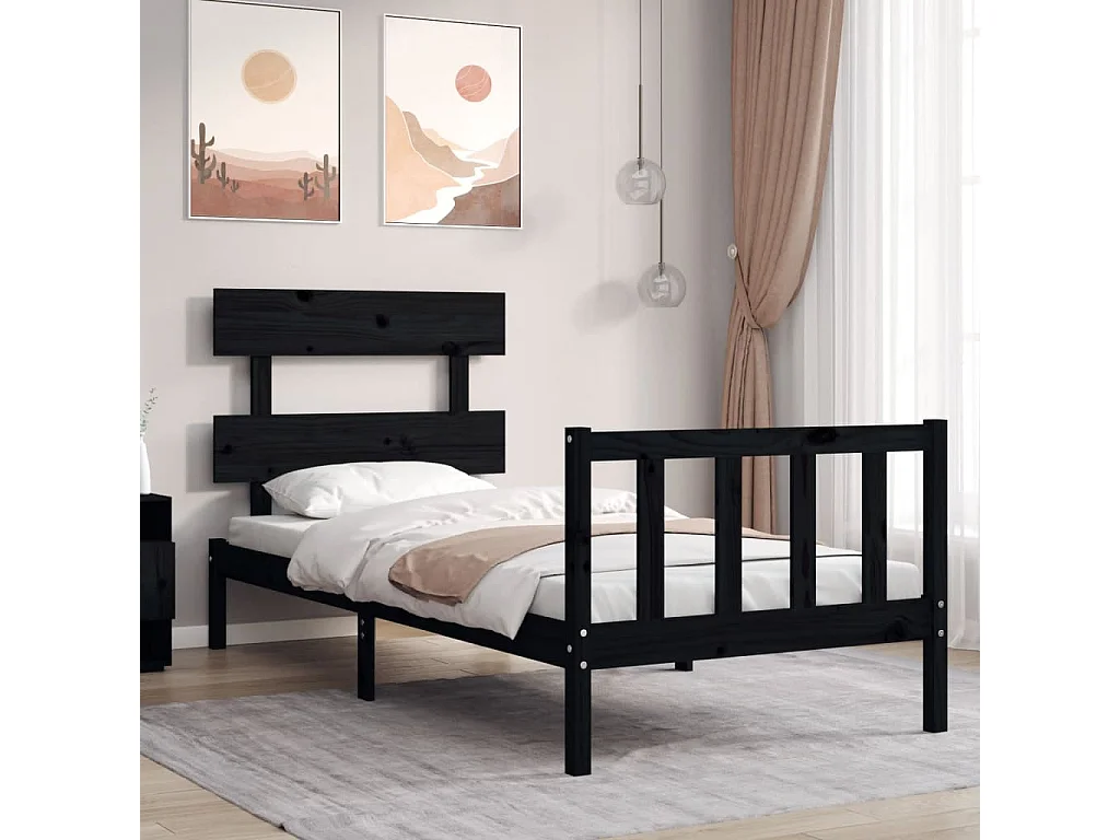 Estrutura cama de solteiro c/ cabeceira madeira maciça preto