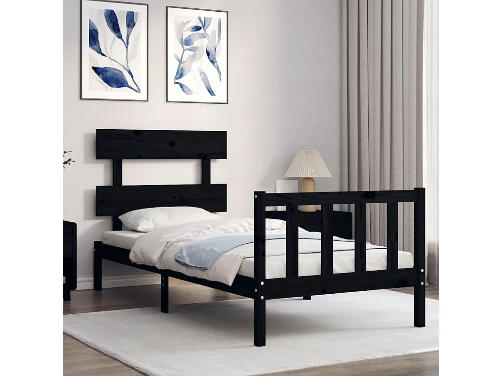 Estrutura cama de solteiro c/ cabeceira madeira maciça preto