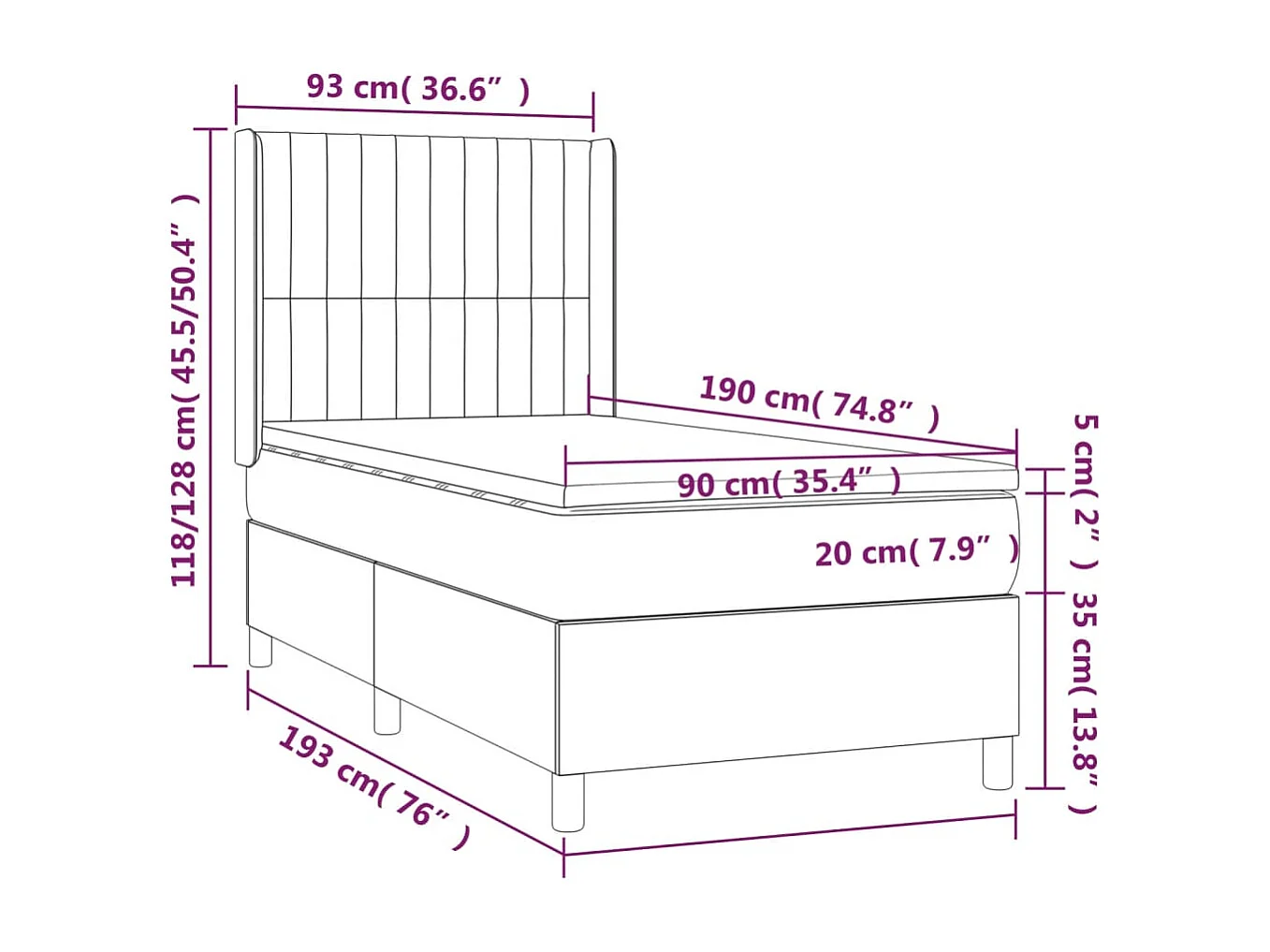 Cama box spring con colchón tela color crema 90x190 cm