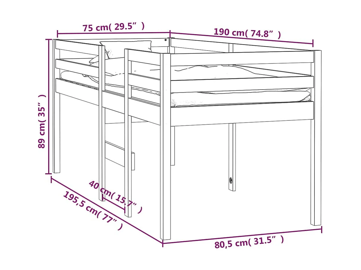 Cama alta madera maciza de pino 75x190 cm