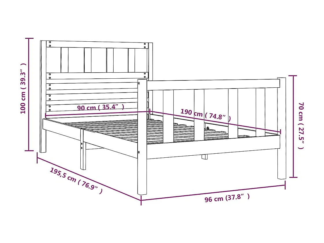 Estructura de cama madera maciza 3FT individual 90x190 cm