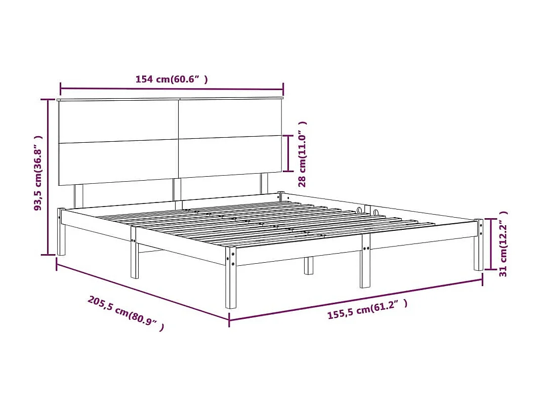 Cadre de lit Blanc Bois massif 150x200 cm Très grand