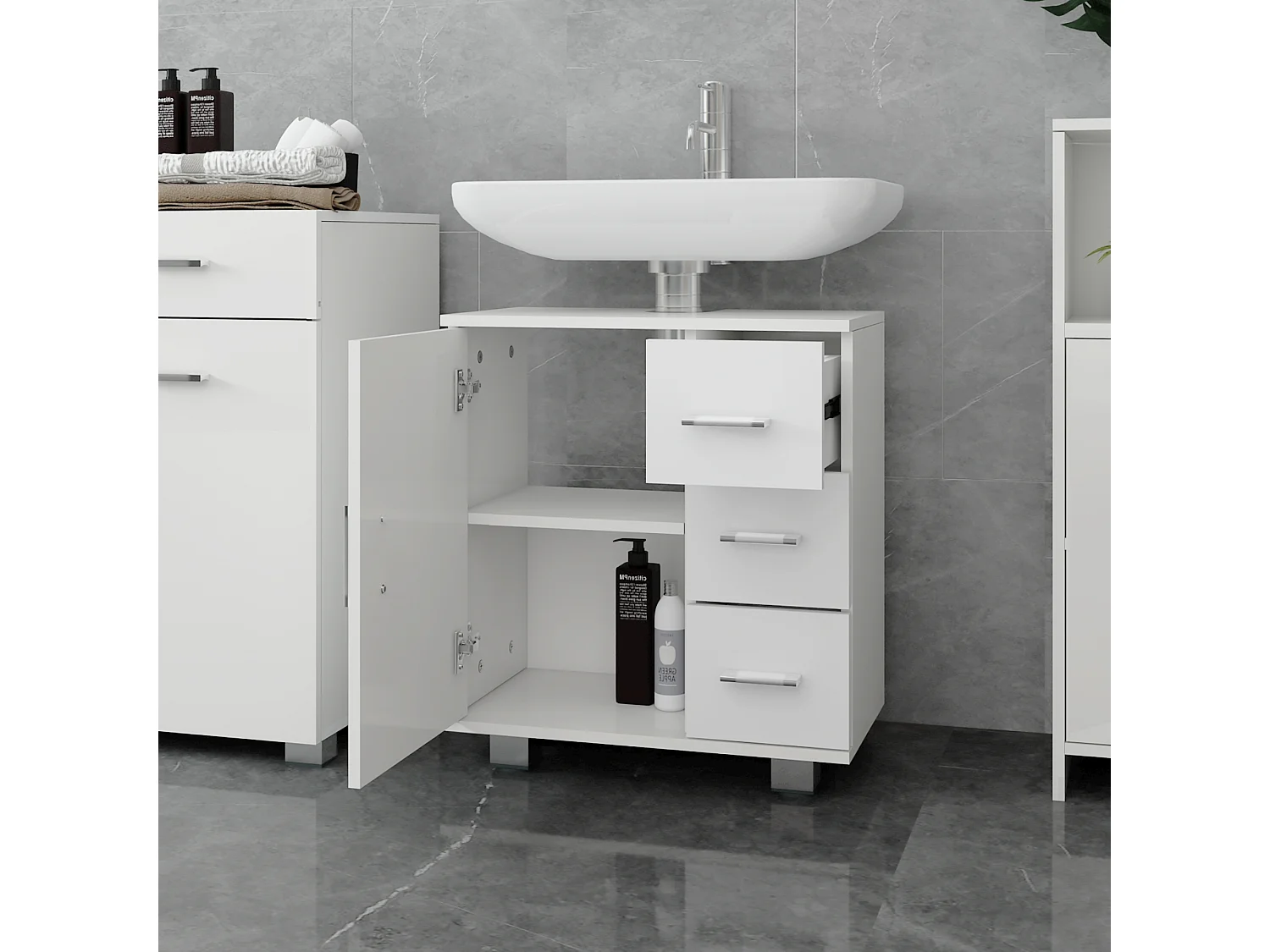Meuble sous lavabo blanc 1 porte 2 étagères 3 tiroirs MDF mélamine ML-DESIGN