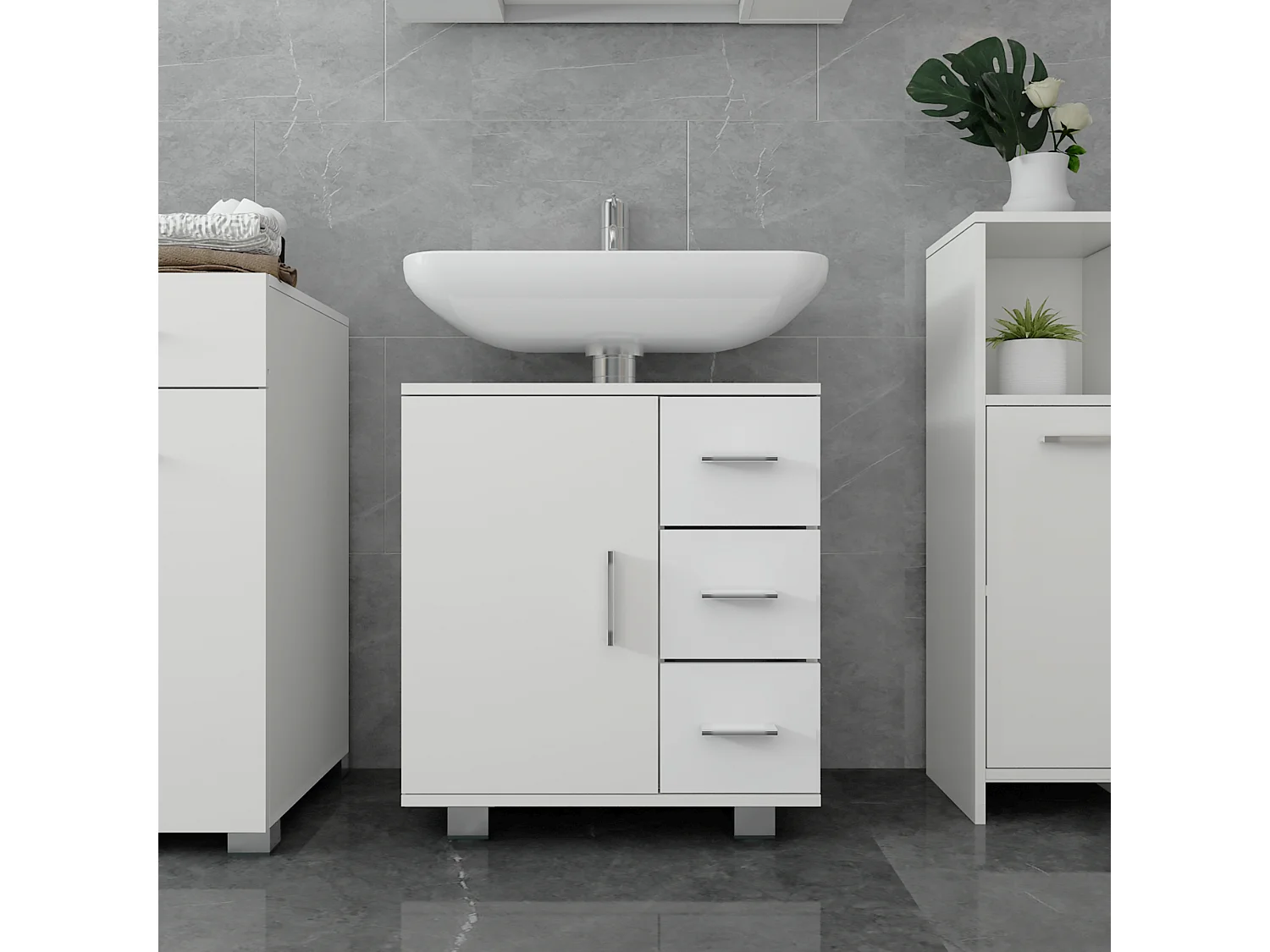 Meuble sous lavabo blanc 1 porte 2 étagères 3 tiroirs MDF mélamine ML-DESIGN