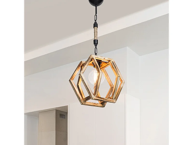 Suspension Cheltenham en métal bois corde de jute hauteur 68 cm E27 [lux.pro]