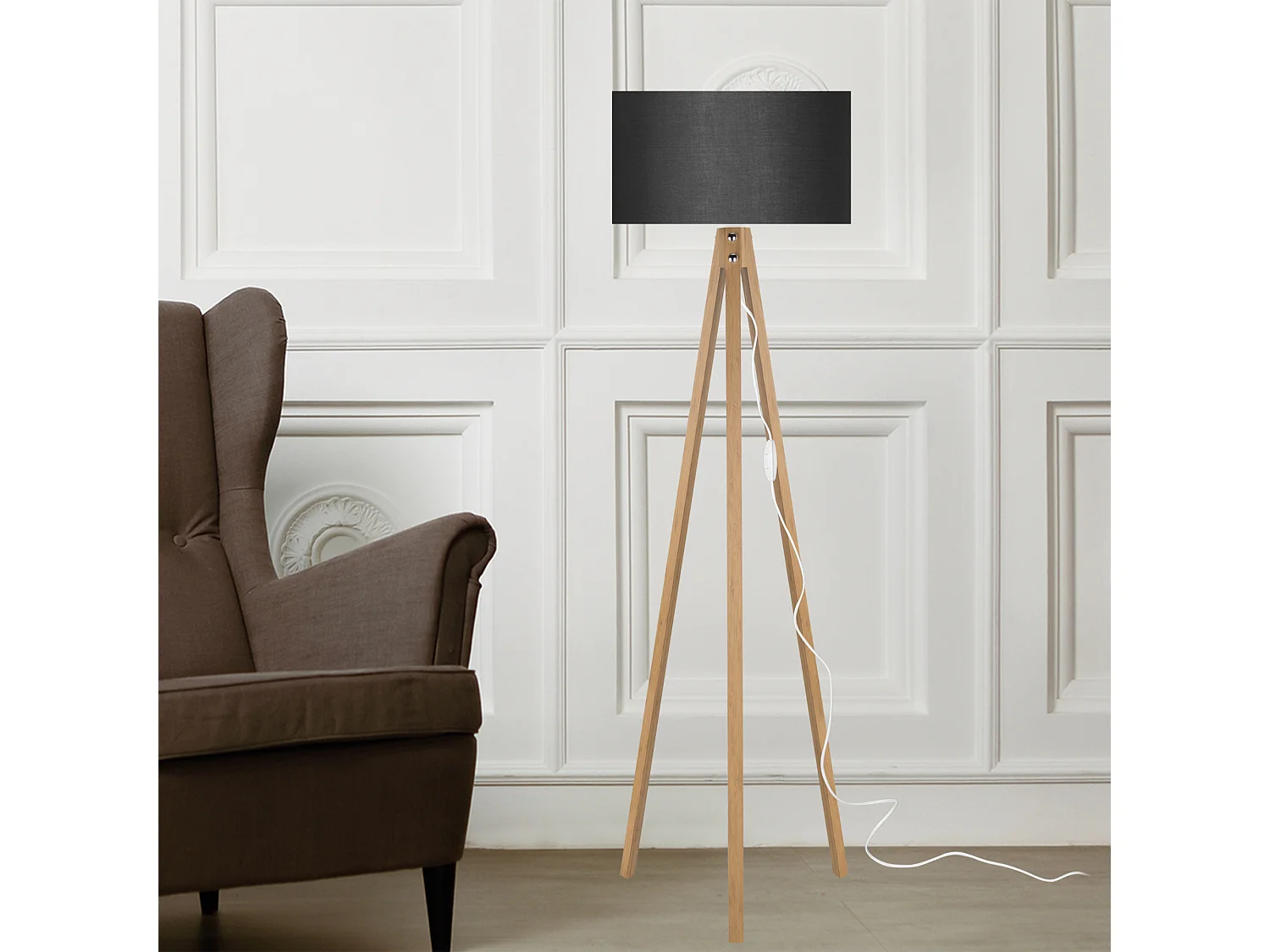 Lampadaire Rochester trépied hauteur 136 cm E27 bambou / noir [lux.pro]