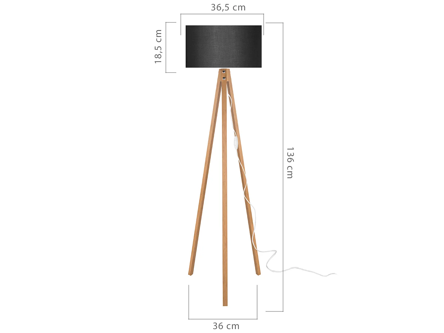 Lampadaire Rochester trépied hauteur 136 cm E27 bambou / noir [lux.pro]