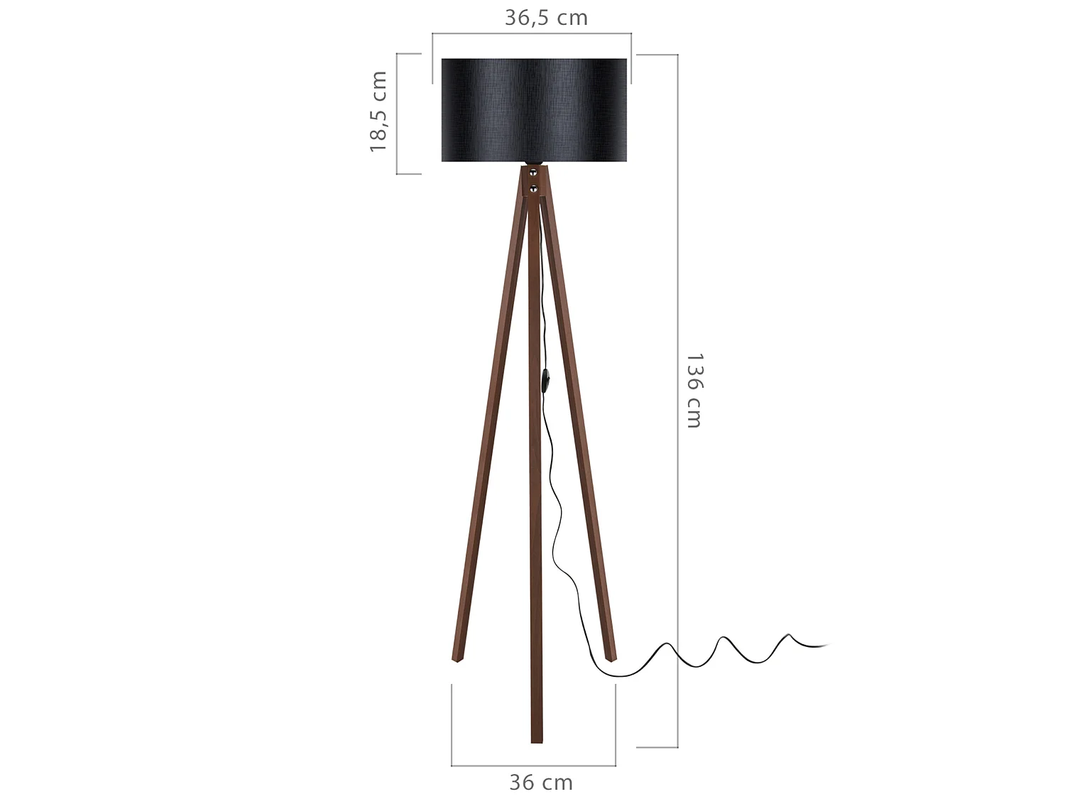 Lampadaire Rochester trépied hauteur 136 cm E27 effet noyer / noir [lux.pro]