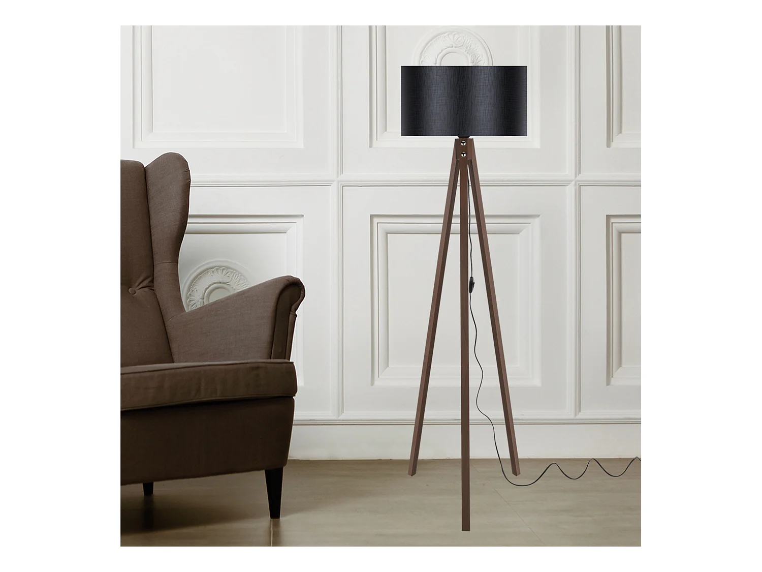 Lampadaire Rochester trépied hauteur 136 cm E27 effet noyer / noir [lux.pro]