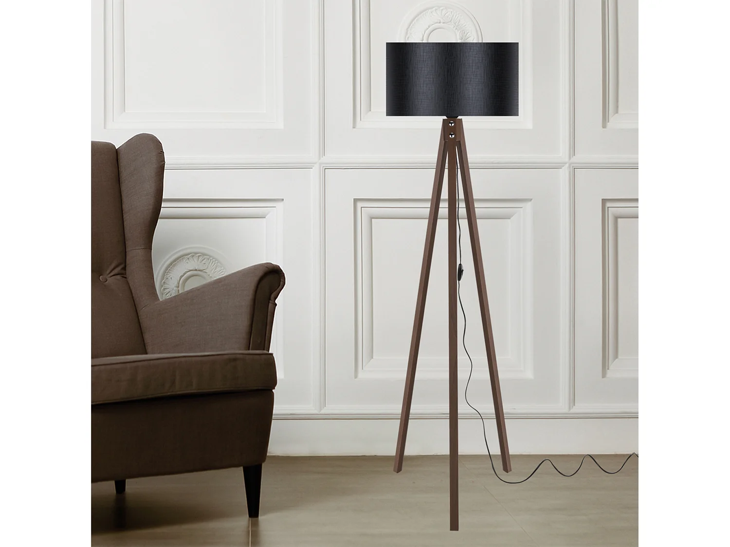Lampadaire Rochester trépied hauteur 136 cm E27 effet noyer / noir [lux.pro]