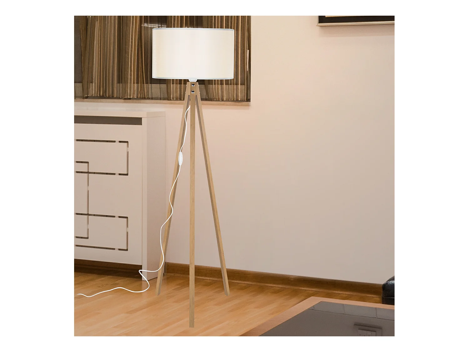 Lampadaire Rochester trépied hauteur 136 cm E27 bambou / crème [lux.pro]