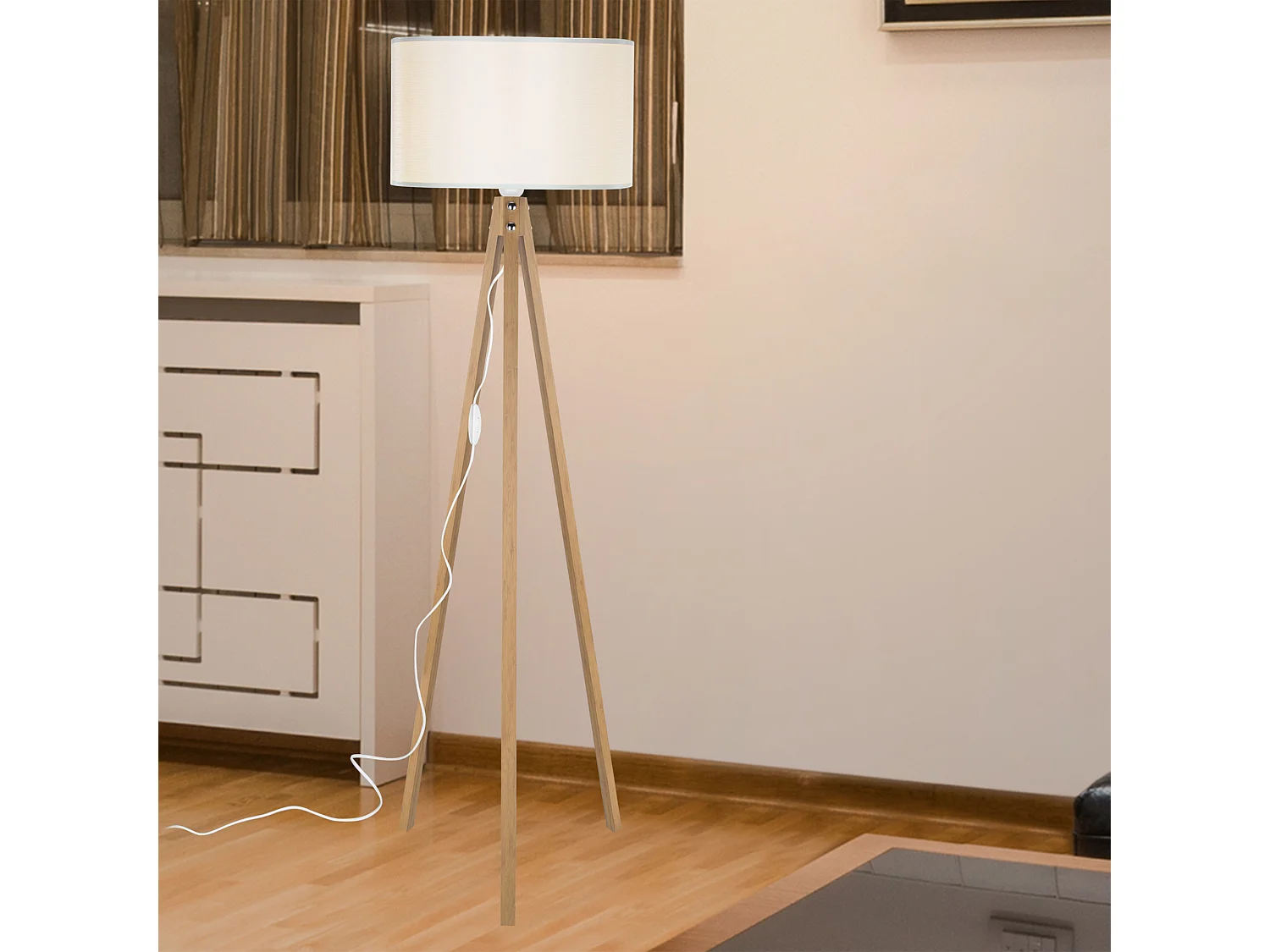 Lampadaire Rochester trépied hauteur 136 cm E27 bambou / crème [lux.pro]