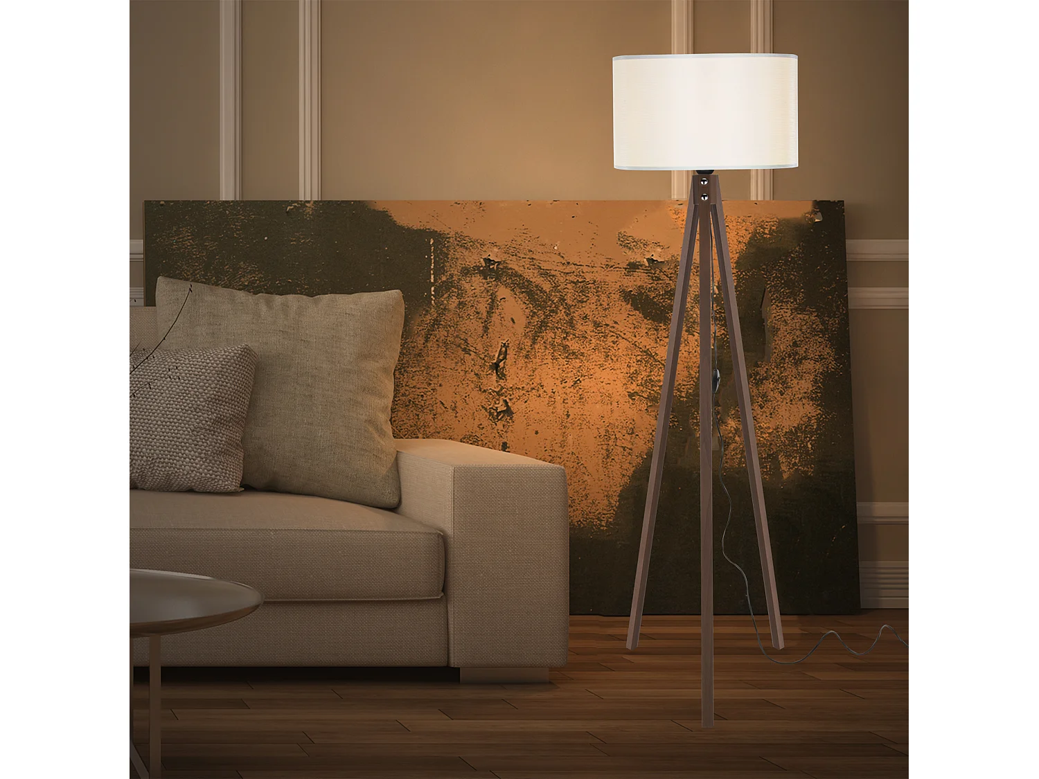 Lampadaire Rochester trépied hauteur 136 cm E27 effet noyer / crème [lux.pro]