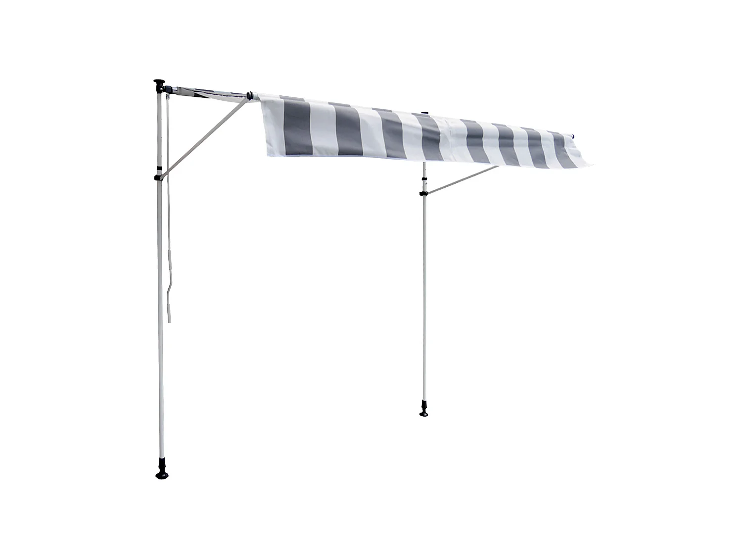 Store banne pour balcon CHENE 2 × 1,2m - Toile rayée blanche/grise et structure blanche - HAPPY GARDEN