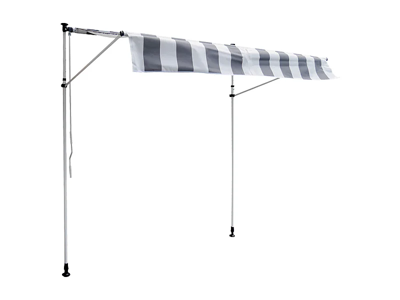 Toldo de varanda CHENE 2 × 1,2m - Tecido listrado branco/cinzento e moldura branca