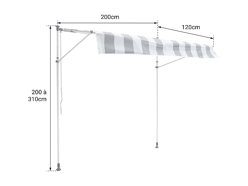 Toldo de varanda CHENE 2 × 1,2m - Tecido listrado branco/cinzento e moldura branca
