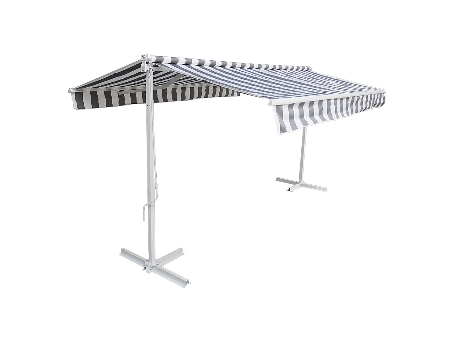 Store double pente FRENE sur pieds 3,95 x 3 m - Toile rayée blanche/grise et structure blanche - HAPPY GARDEN