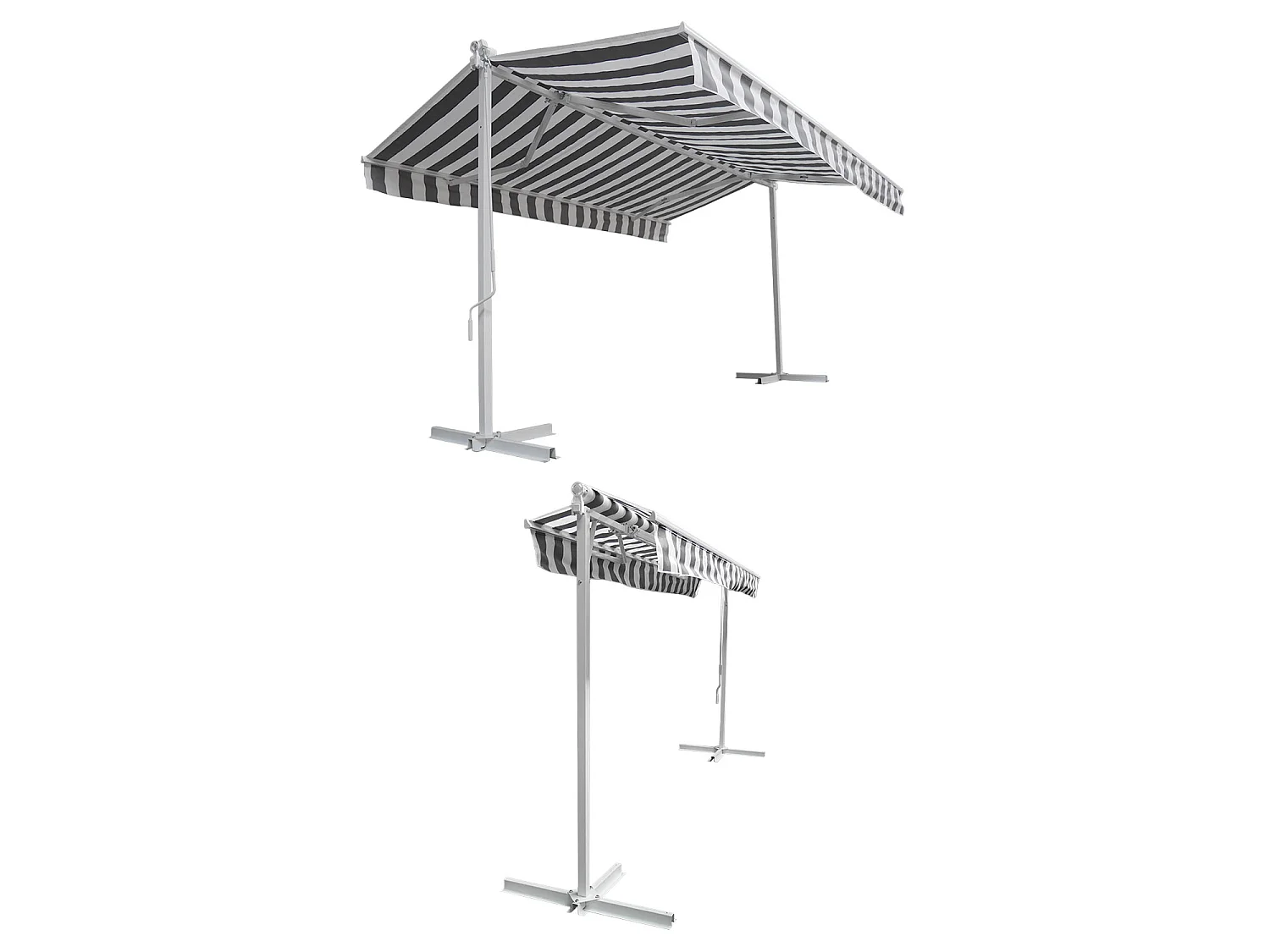 Store double pente FRENE sur pieds 3,95 x 3 m - Toile rayée blanche/grise et structure blanche - HAPPY GARDEN