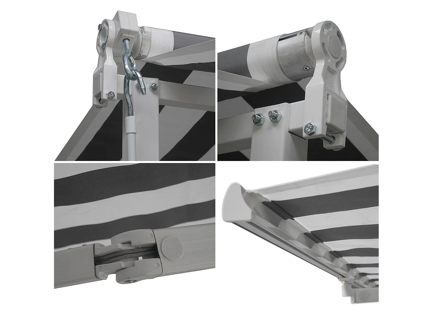 Store double pente FRENE sur pieds 3,95 x 3 m - Toile rayée blanche/grise et structure blanche - HAPPY GARDEN