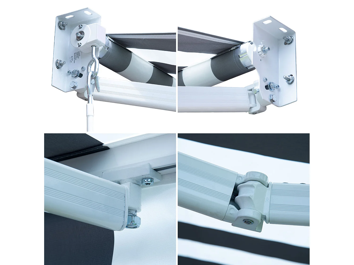 SAULE luifel 3,5 × 3m - Wit/grijs gestreept doek en witte structuur