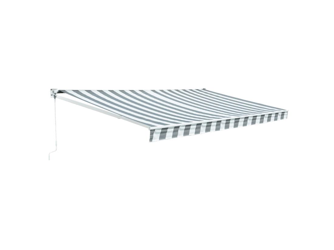 vente unique Store banne SAULE 3 95 × 3m - Toile rayée blanche/grise et structure blanche - HAPPY GARDEN