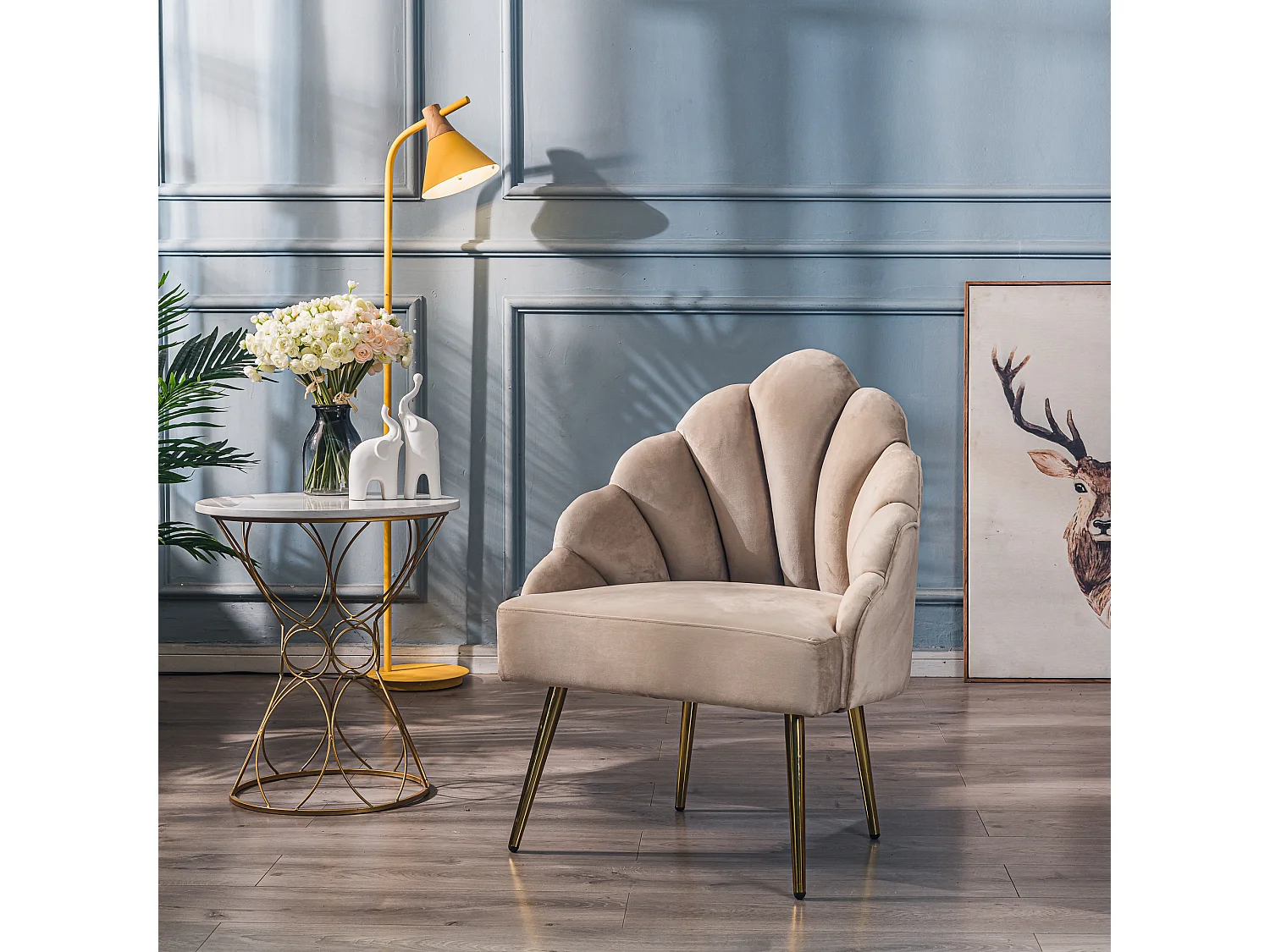 Fauteuil retro en métal et velours beige