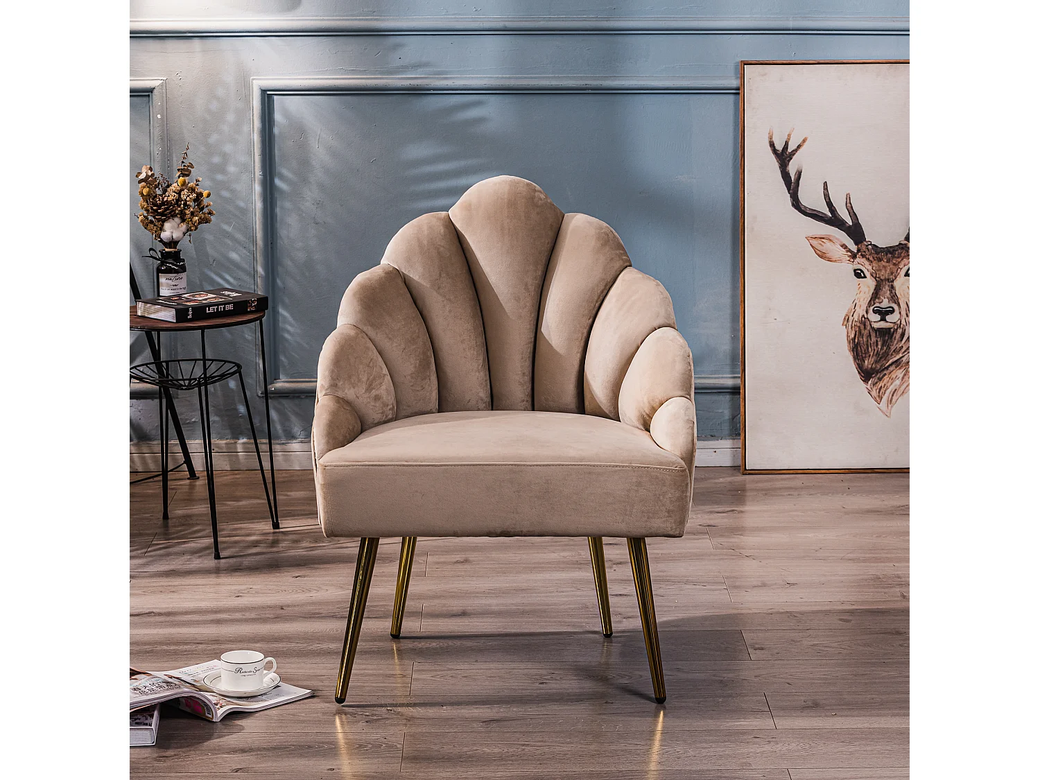 Fauteuil retro en métal et velours beige