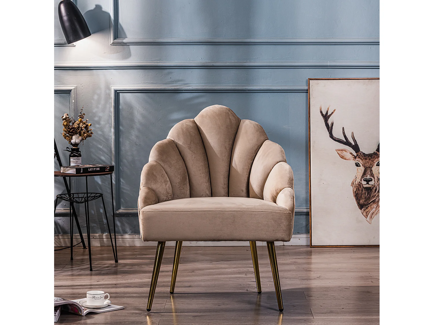 Fauteuil retro en métal et velours beige