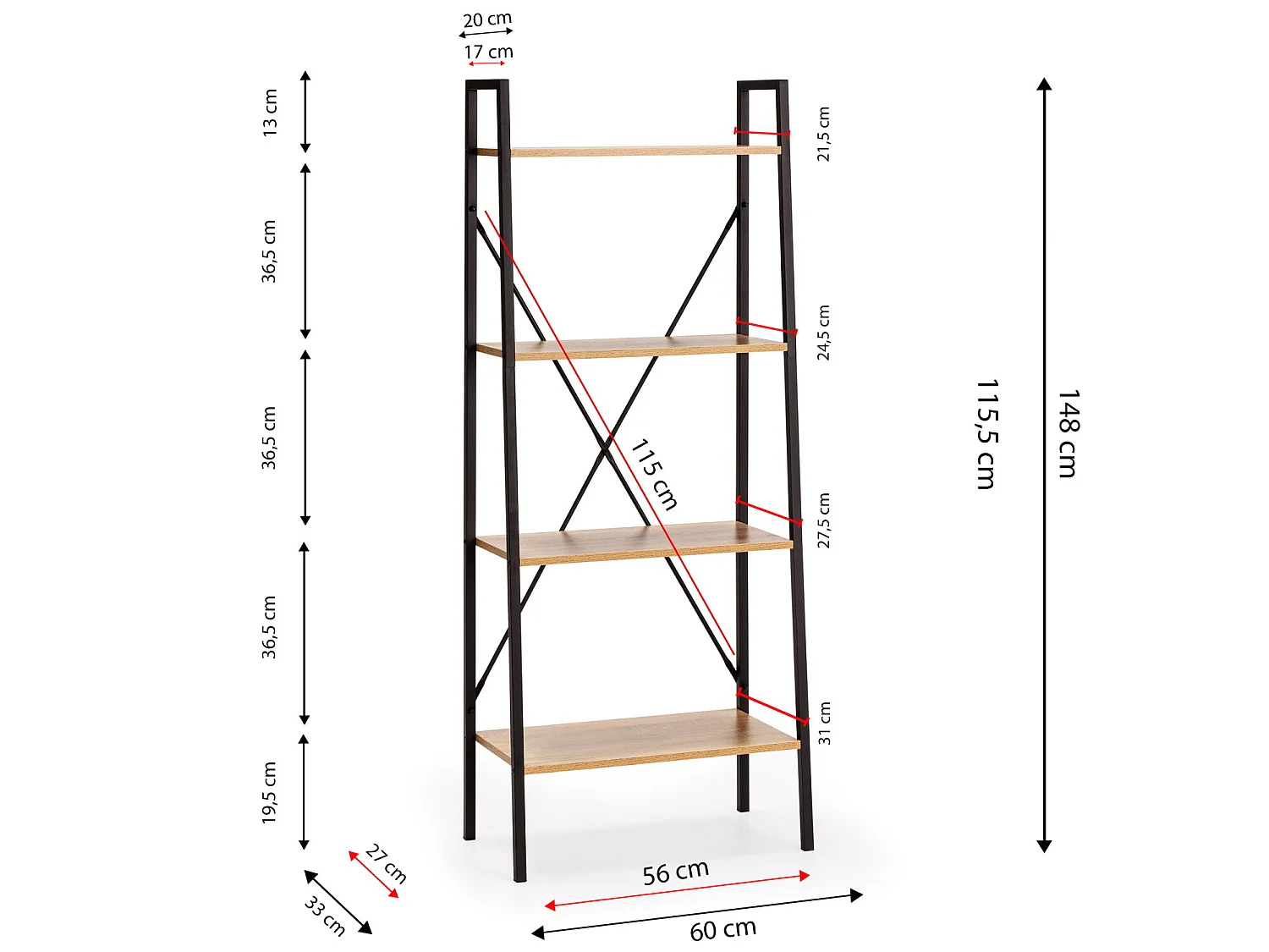 Trapkast Ana 4 planken, Eiken/Zwart, 60 cm