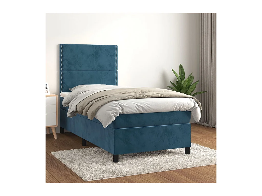 Cama box spring con colchón terciopelo azul oscuro 80x200 cm