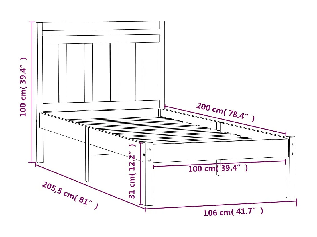 Estructura de cama madera maciza de pino negro 100x200 cm