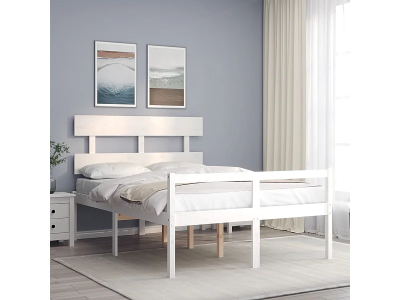 Estrutura de cama de casal c/ cabeceira madeira maciça branco