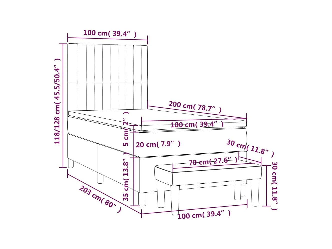 Lit à sommier tapissier et matelas Gris clair 100x200cm Velours