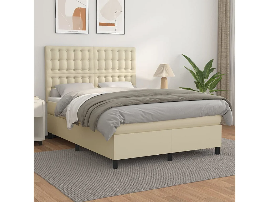 Lit à sommier tapissier avec matelas Crème 140x190cm Similicuir