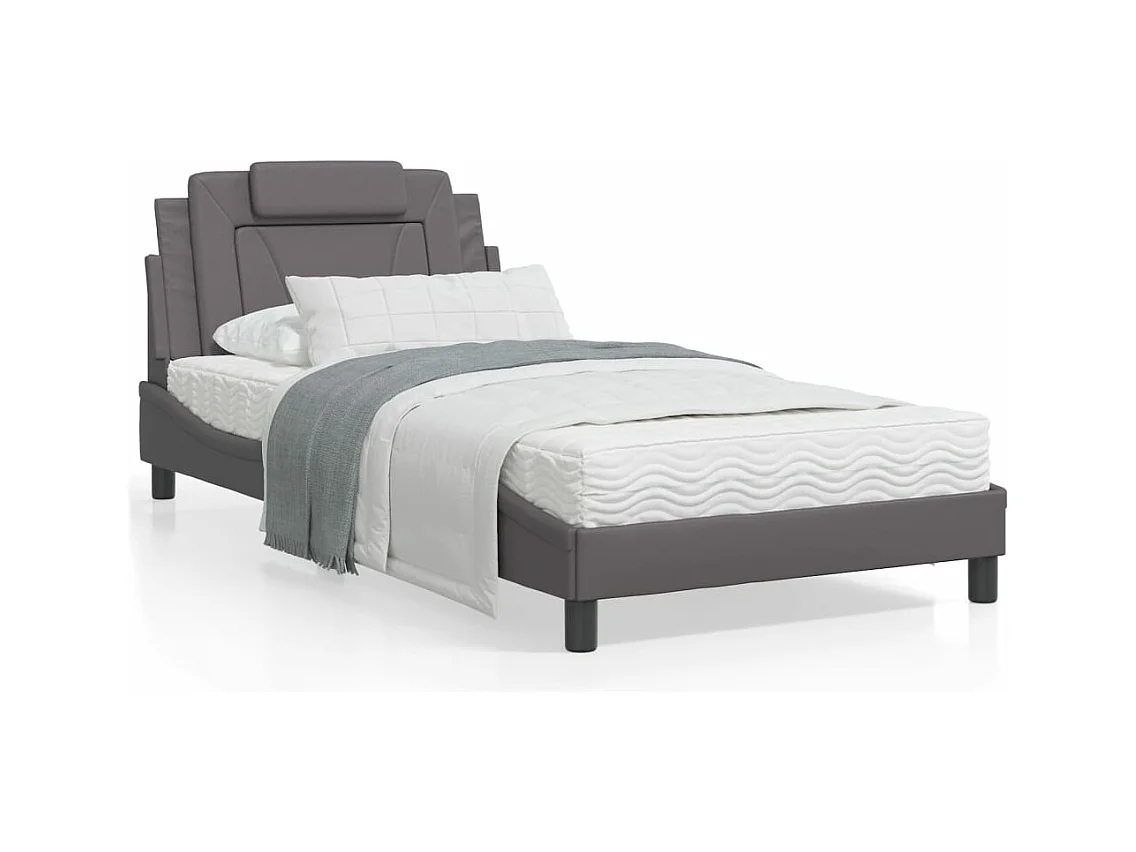 Estrutura de cama c/ luzes LED 100x200cm couro artificial cinza