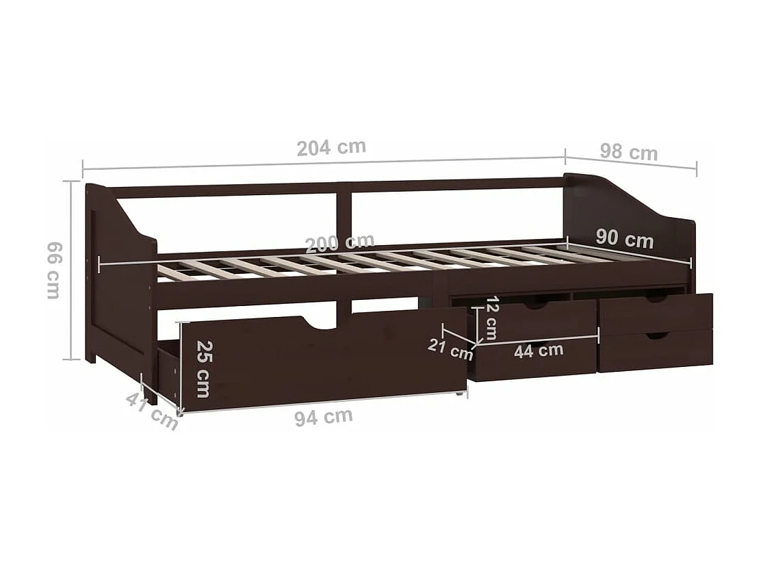 Lit de repos 3 places à tiroirs Marron foncé Pin 90x200 cm