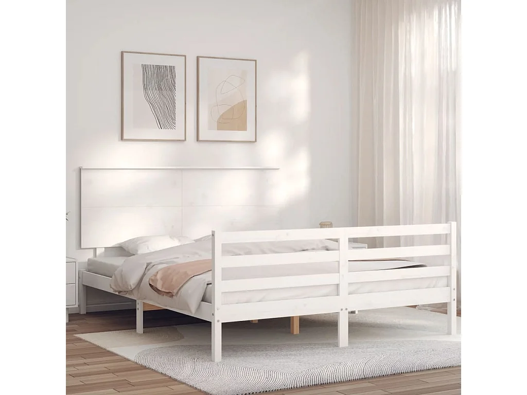 Cadre de lit avec tête de lit blanc King Size bois massif