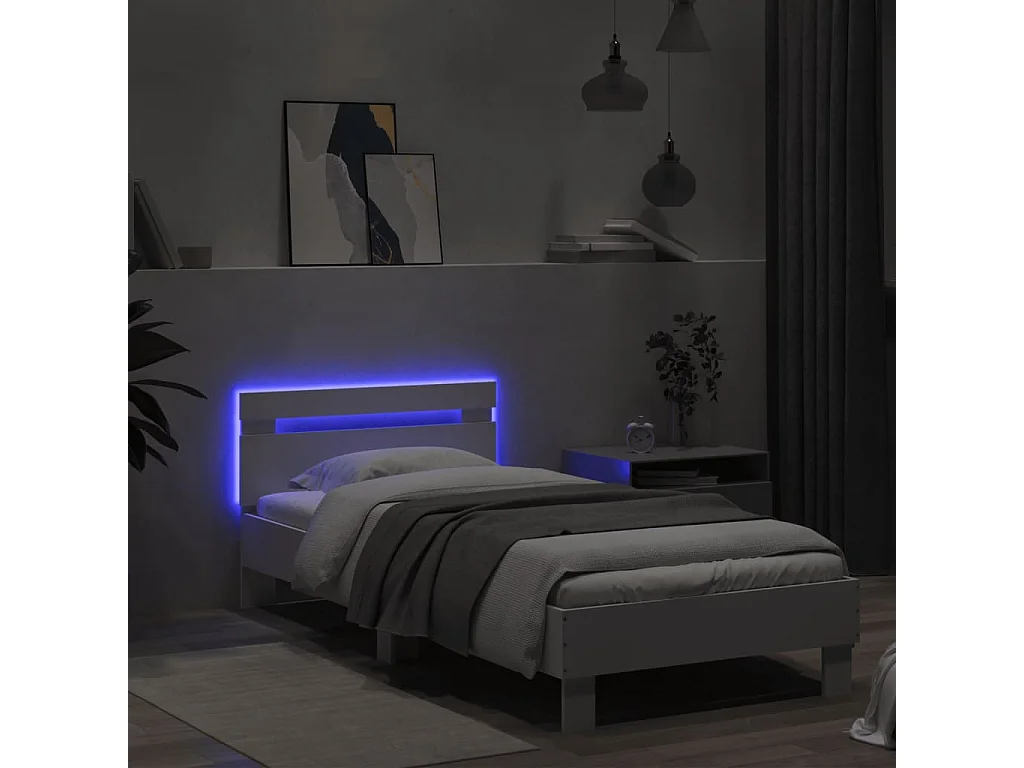 Estrutura de cama c/ cabeceira e luzes LED 90x190 cm branco